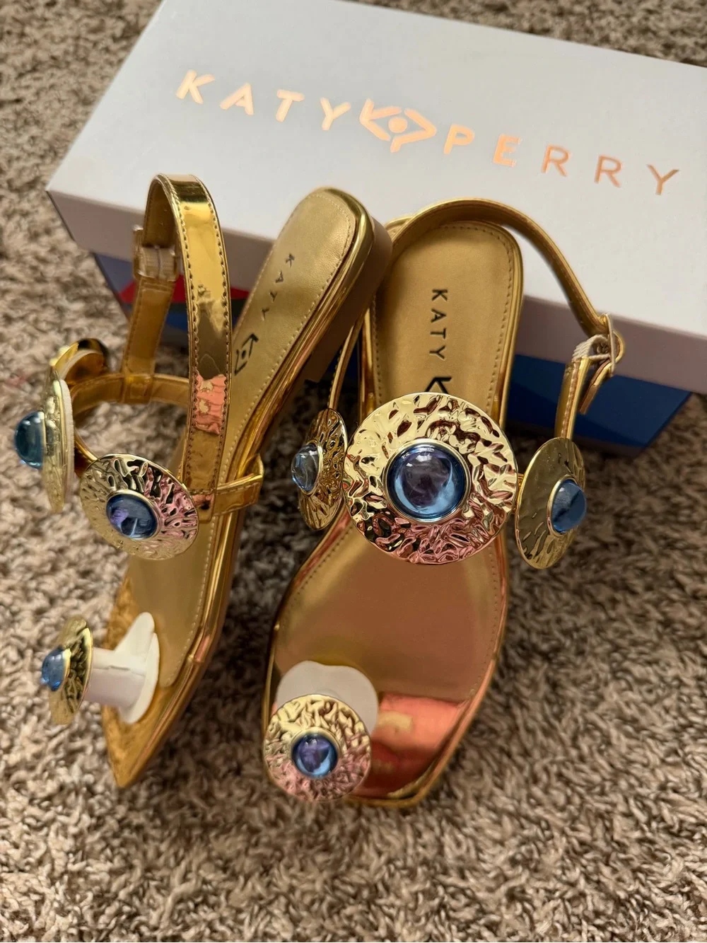 Katy Perry Collections Gold Metallic Sandals with Blue Jewel Accents - Picture 7 of 10